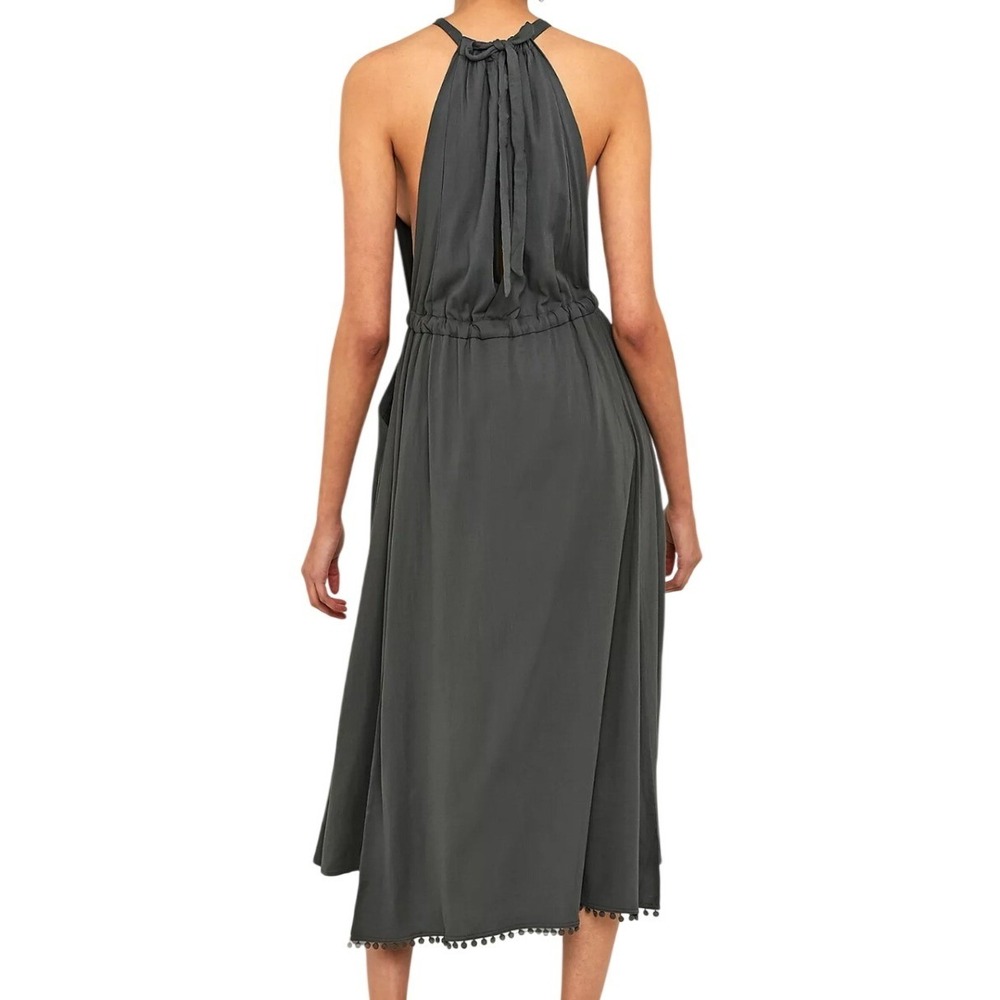 Free People Spring Love Midi Dress Carbon Gray Halter Open Back Pom Trim XS Boho - Picture 2 of 12